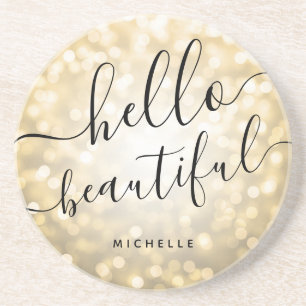 Dessous De Verre En Grès Personalized Mod Gold Lights "Hello Beautiful"