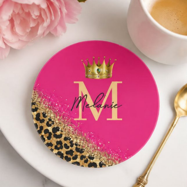 Dessous De Verre En Grès Personalized Pink Leopard Gold Glitter Monogram  (Créateur téléchargé)