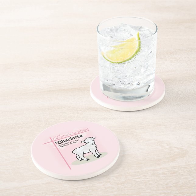 Dessous De Verre En Grès Personnalisable, Baptême, Rose, Fille, Agneau (Côté)
