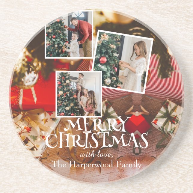 Dessous De Verre En Grès Personnaliser de Noël Rouge Moderne (Devant)