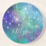 Dessous De Verre En Grès Personnaliser le nom, violet et Turquoise, lumière<br><div class="desc">Personnalisez le nom en écriture blanche sur arrière - plan violet et turquoise avec lumières suspendues et éclat. Cliquez sur "Personnaliser" pour modifier les couleurs et les styles de type.</div>