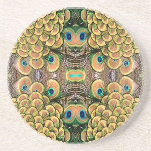 Dessous De Verre En Grès Pétales Emerald Green et Gold Peacock