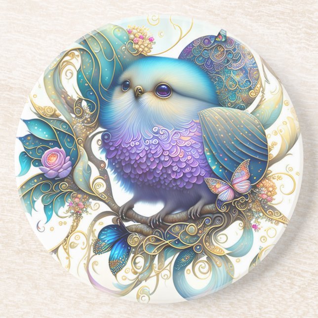 Dessous De Verre En Grès Petit oiseau Imaginaire sur une brindille (Devant)