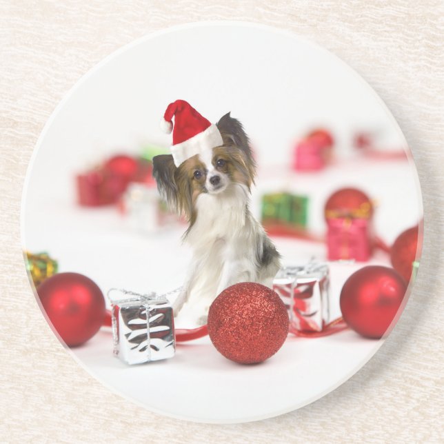 Dessous De Verre En Grès Petit Papillon Chien Noël Santa Hat (Devant)