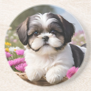 Dessous De Verre En Grès Petite Tzu Chiot Panier Fleurs