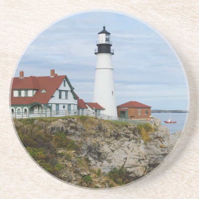 Dessous De Verre En Grès Phare de Portland Headlight sur une côte rocheuse (Devant)