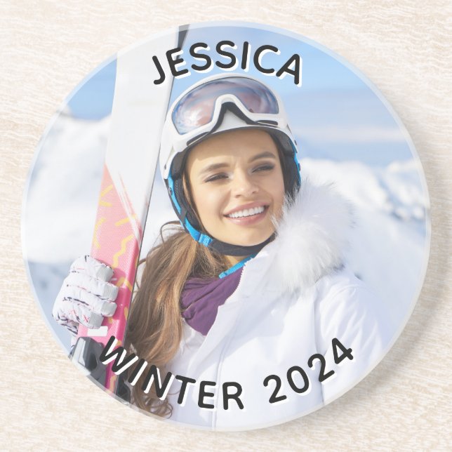 Dessous De Verre En Grès Photo de famille de texte courbe noir et blanc (Devant)