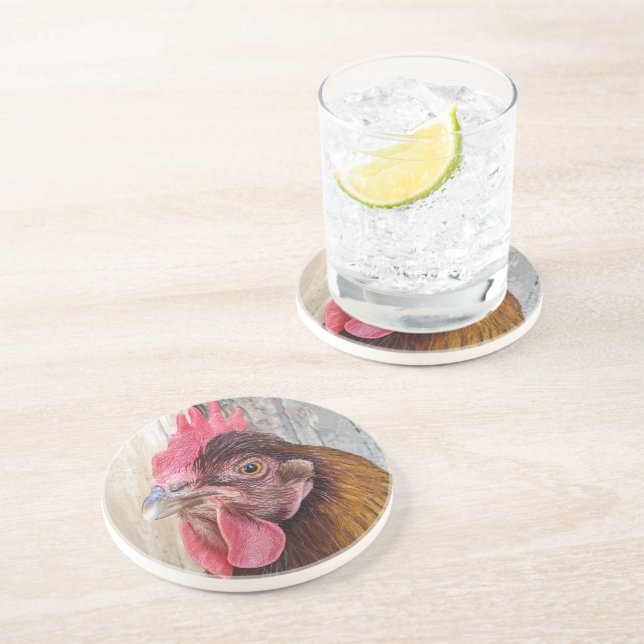 Dessous De Verre En Grès Photo de poule rouge (Côté)