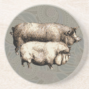 Dessous De Verre En Grès Pig Farm Pays Antique Illustration Art