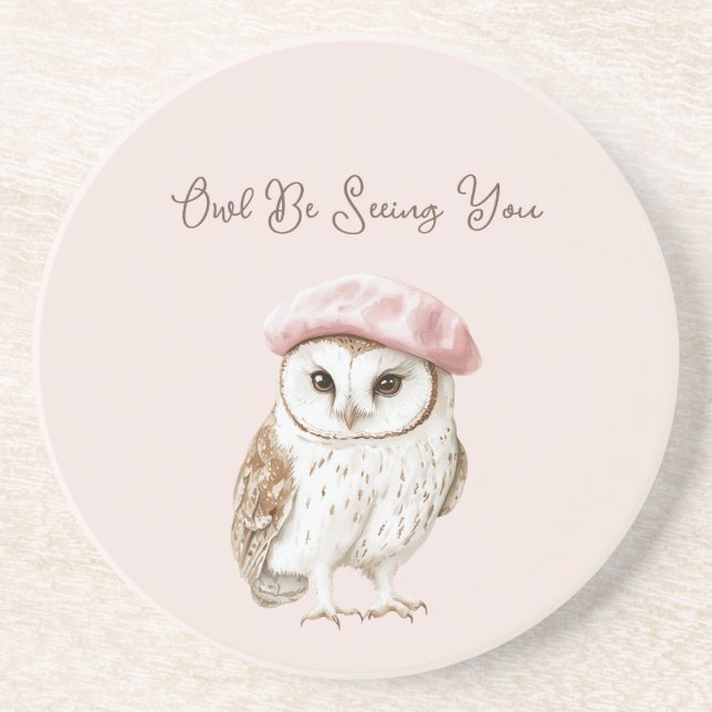 Dessous De Verre En Grès Pink Beret Brown White Owl Be Seeing You (Devant)