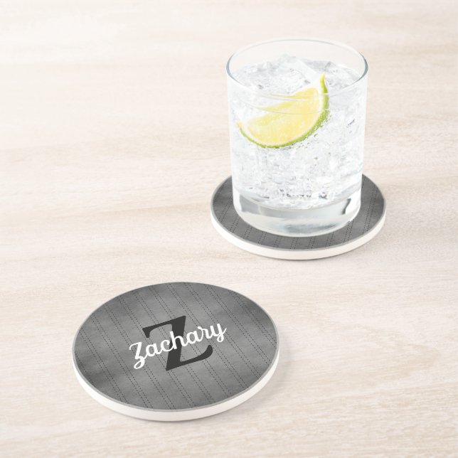 Dessous De Verre En Grès Pinstripe Rétro Monogrammé Gris Personnalisé (Côté)