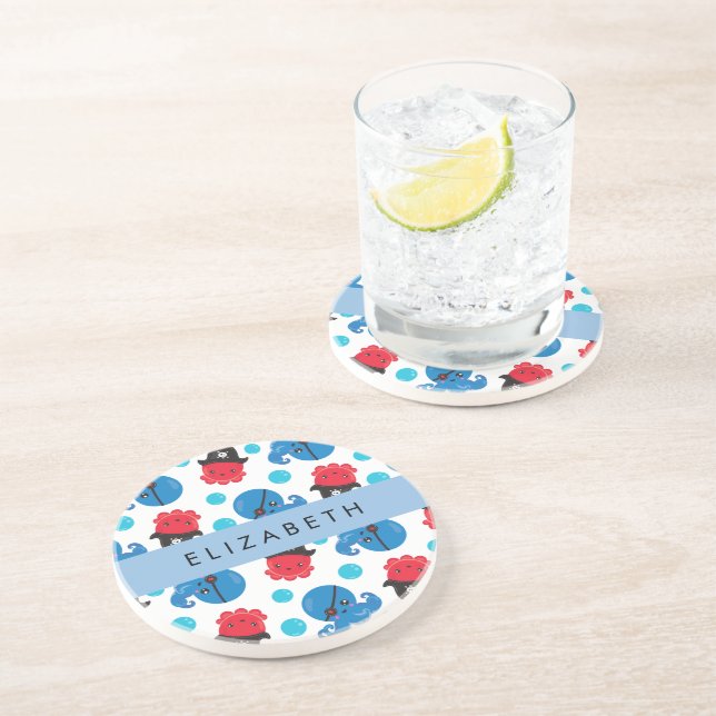 Dessous De Verre En Grès Pirate Octopus, Motif Octopus, Mer, Votre Nom (Côté)