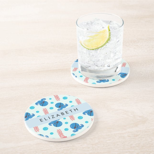 Dessous De Verre En Grès Pirate Octopus, Pirate Jellfish, Mer, Votre Nom (Côté)