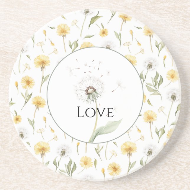 Dessous De Verre En Grès Pissenlits Fleurs Jaunes Blanches Amour   (Devant)