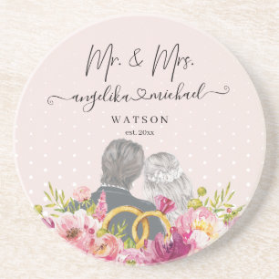 Dessous De Verre En Grès Pivoines Floral Blush Script Tendance M. et Mme.