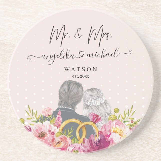 Dessous De Verre En Grès Pivoines Floral Blush Script Tendance M. et Mme. (Devant)