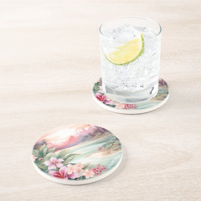 Dessous De Verre En Grès Plage Tropicale Rose (Côté)
