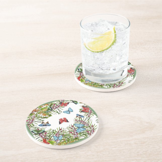 Dessous De Verre En Grès Plantes tropicales Papillons Baies Rouge Bleu      (Côté)