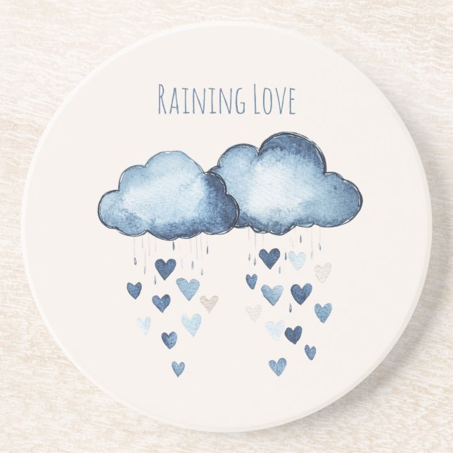 Dessous De Verre En Grès Pluie d'Amour Nuages Bleus Cœurs (Devant)