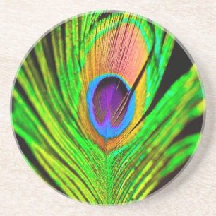 Dessous De Verre En Grès Plume de paon aux couleurs néon