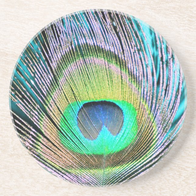 Dessous De Verre En Grès Plume de paon sur Turquoise (Devant)