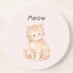 Dessous De Verre En Grès Points roses orange pêche Mignon Chat Kitty