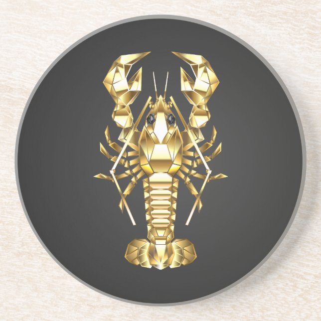Dessous De Verre En Grès Poisson à langouste polygonale dorée sur noir (Devant)