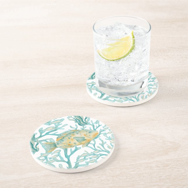 Dessous De Verre En Grès Poisson aquarelle sarcelle or (Côté)
