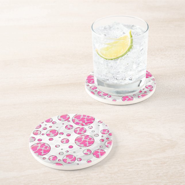 Dessous De Verre En Grès Poka Dot Vache rose et blanc (Côté)