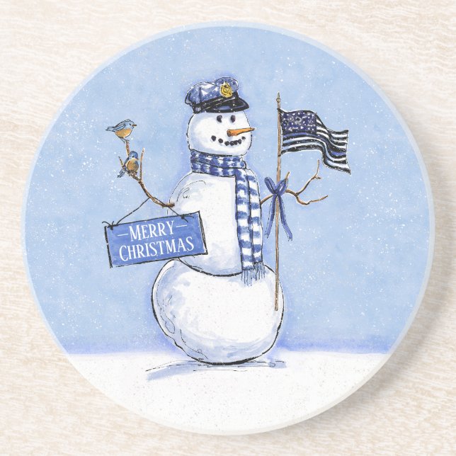 Dessous De Verre En Grès Police Mince Ligne Bleue Snowman Noël (Devant)