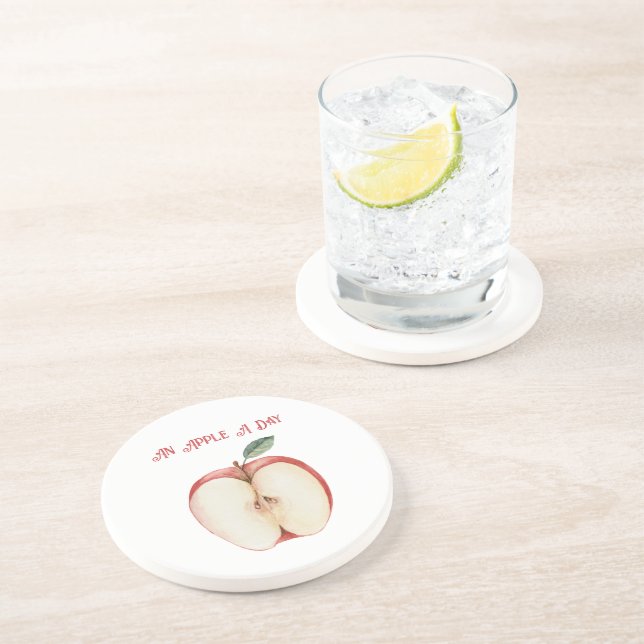 Dessous De Verre En Grès Pomme Feuille Verte Fruit (Côté)