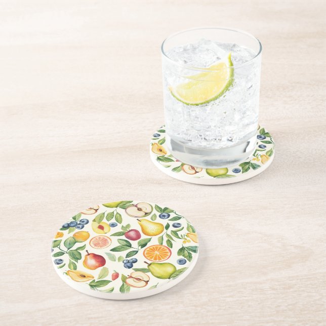 Dessous De Verre En Grès Pommes Poires Myrtilles Oranges Fruits (Côté)