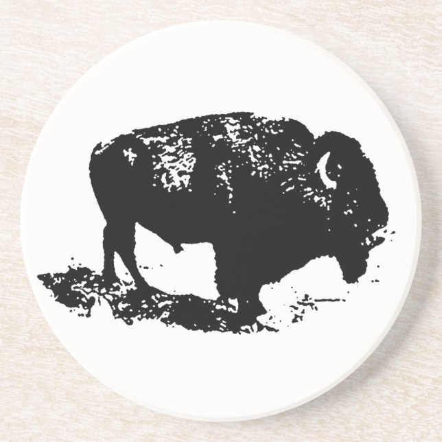 Dessous De Verre En Grès Pop Art Black White Buffalo Bison Silhouette (Devant)