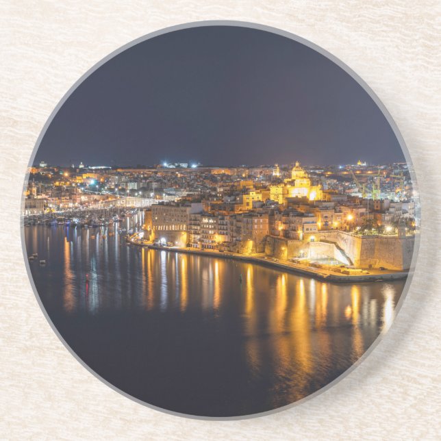 Dessous De Verre En Grès Port de Malte illuminé la nuit (Devant)