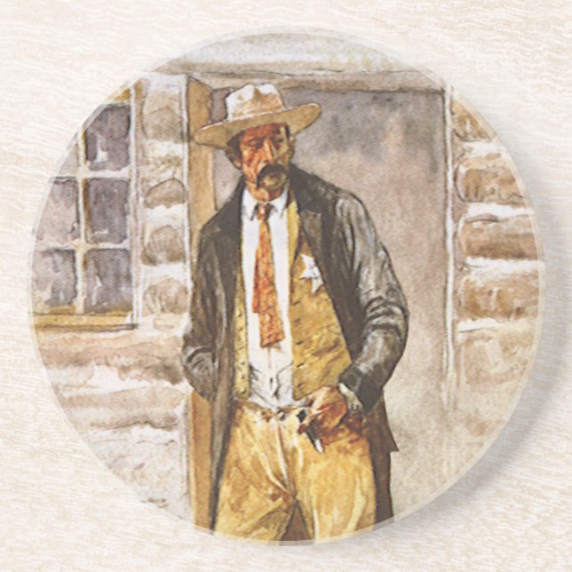 Dessous De Verre En Grès Portrait de shérif par Seltzer, cow-boy occidental (Devant)