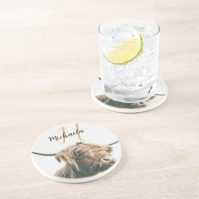 Dessous De Verre En Grès Portrait de vache Highland nom personnalisé monogr (Côté)