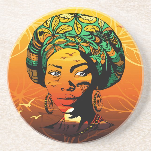 Dessous De Verre En Grès Portrait féminin africain avec coucher de soleil (Devant)