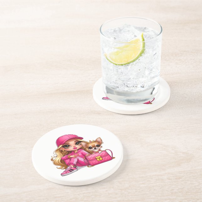 Dessous De Verre En Grès Poupée de mode rose et couverture en molleton pour (Côté)