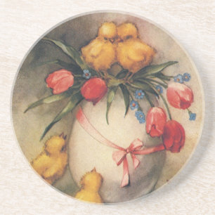 Dessous De Verre En Grès Poussins de Pâques vintage, Œuf avec fleurs de tul