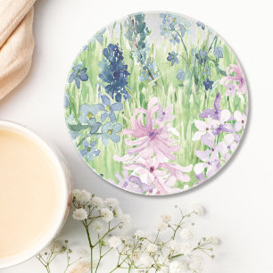 Dessous De Verre En Grès Prairie de fleurs bleues violettes à l'aquarelle s