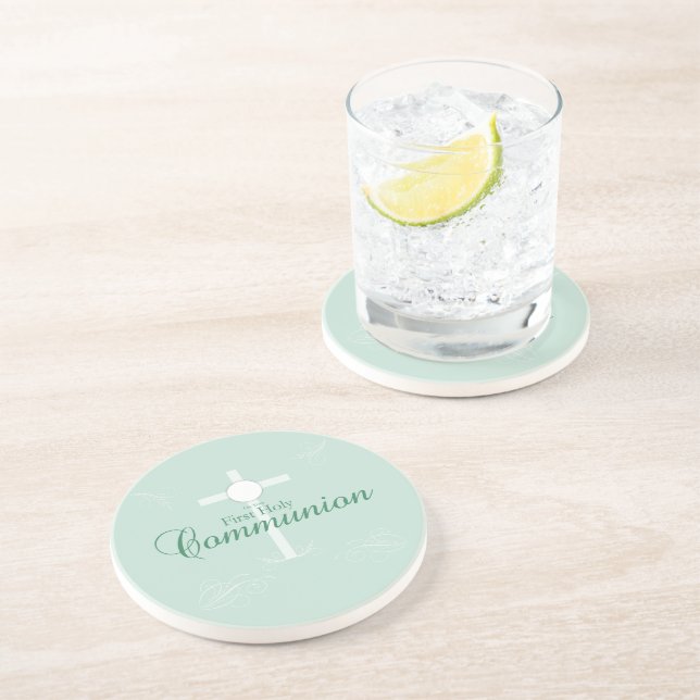 Dessous De Verre En Grès Première communion, écriture en vert clair (Côté)