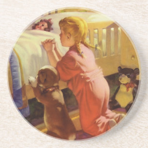 Dessous De Verre En Grès Prières du coucher, Fille avec chiot, Religion vin