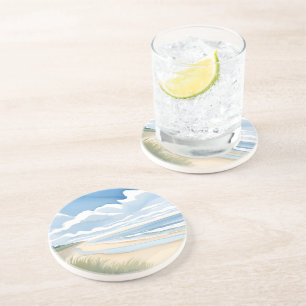 Dessous De Verre En Grès Promenade du rivage Aquarelle de l'océan côtier