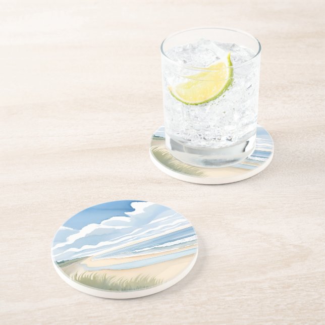 Dessous De Verre En Grès Promenade du rivage | Aquarelle de l'océan côtier (Côté)