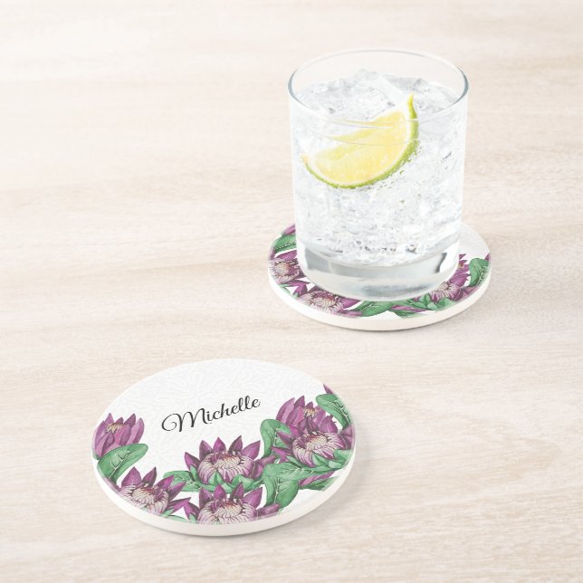 Dessous De Verre En Grès Protéa roi aquarelle violette peinte à la main (Côté)