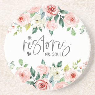 Dessous De Verre En Grès Psaume 23:3 Il rétablit mon âme Bible Verse & Rose