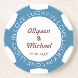 Dessous De Verre En Grès puce de poker bleu chanceux en amour mariage anniv<br><div class="desc">Commémorez votre mariage ou anniversaire avec ce dessous de verre en grès facile à customiser. Votre nom et année est mis sur le dessus d'une puce de poker. Le texte "chanceux amoureux" est placé de façon circulaire.</div>