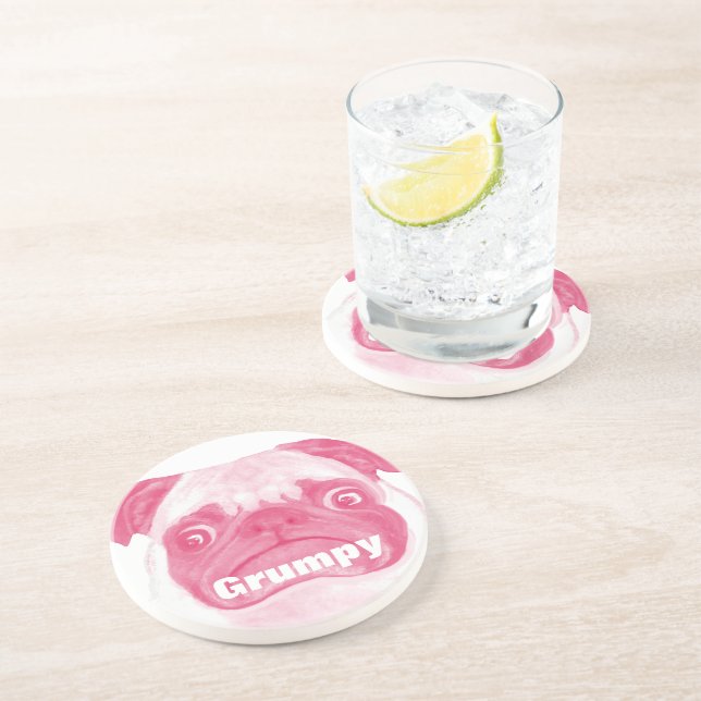 Dessous De Verre En Grès Puggy Grumpy rose personnalisé (Côté)