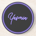 Dessous De Verre En Grès Purple Black Neon Script Mariage élégant Faveur<br><div class="desc">Faites sien votre mariage avec ces dessous de verre cool de JessicaAmber. Ces dessous de verre en pierre sont ornés d'un script de néon lumineux indiquant le nom du client. Autour du bord se trouve une fausse bordure brillante. La lueur violette se détache sur un arrière - plan noir. Utilisez-les...</div>