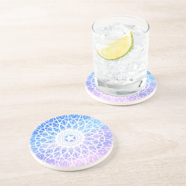 Dessous De Verre En Grès Purple, Blanc Et Bleu Espace Floral Mandala (Côté)